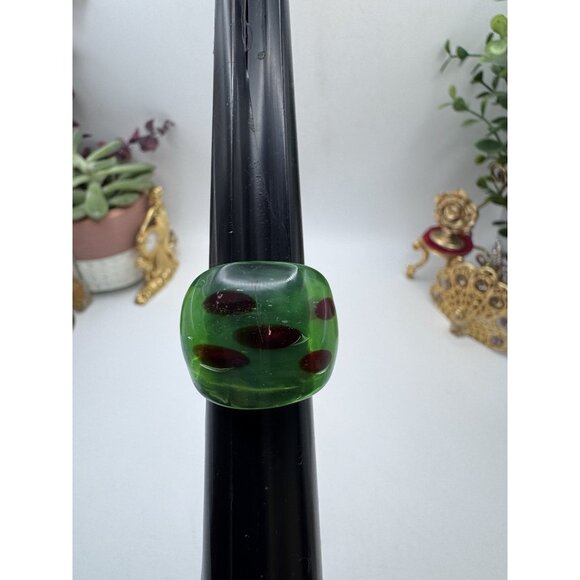 Bohemian Art Abstract Green And Red Watermelon Hand Blown Glass Bling Ring sz 7 - Picture 4 of 9